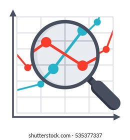 Line chart with magnifying glass concept for financial analysis