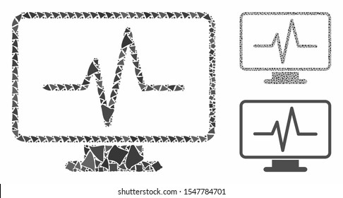 Line chart monitoring mosaic of unequal items in different sizes and shades, based on line chart monitoring icon. Vector unequal pieces are combined into mosaic.