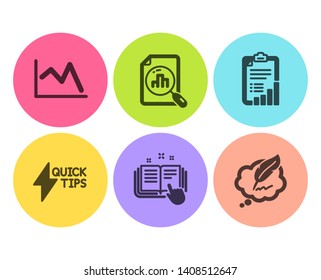 Line chart, Quickstart guide and Checklist icons simple set. Technical documentation, Analytics graph and Copyright chat signs. Financial graph, Lightning symbol. Education set. Flat line chart icon