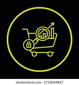 Un gráfico de líneas que muestra el crecimiento, integrado con un ícono de Carrito de compras. Simboliza el análisis de los datos de ventas, el rendimiento del comercio electrónico, las tendencias minoristas o el crecimiento del negocio en línea.