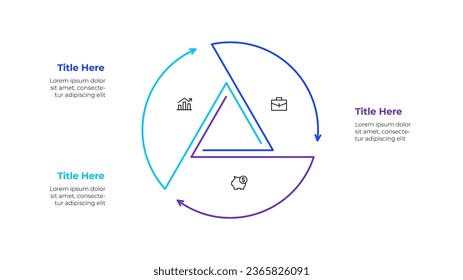 Line chart with a triangle inside. Template for cycle diagram with 3 options, parts, steps or processes