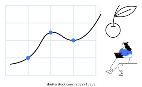 Line chart with upward trend, three data points highlighted in blue, person seated using laptop, and cherry icon. Ideal for business analytics, profit growth, data analysis, tech usage, education