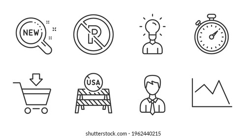 Line chart, Usa close borders and No parking line icons set. Timer, New products and Businessman signs. Online market, Education symbols. Financial graph, Coronavirus restrictions, Car park. Vector