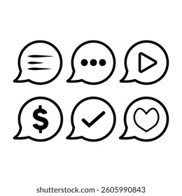 Line chat icons for outlined design. Chat, message, dollar, tick, heart into bubble sign collection vector illustration.