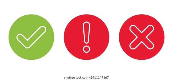 Línea de marca de verificación, exclamación y x vector de icono de marca transversal. Aceptar, advertir y rechazar símbolo de signo