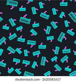 Line Cherry cheesecake slice with fruit topping icon isolated seamless pattern on black background.  Vector