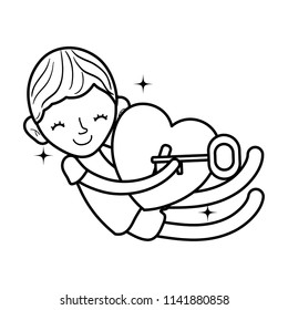 line child boy sleeping with heart padlock and key