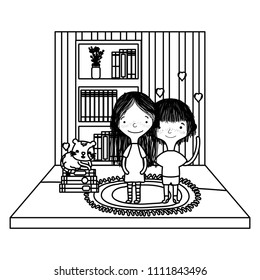 line children with books organized in the bookcase and cat