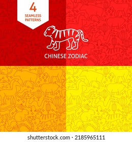 Line Chinese Zodiac Patterns. Vector Illustration of Outline Background.