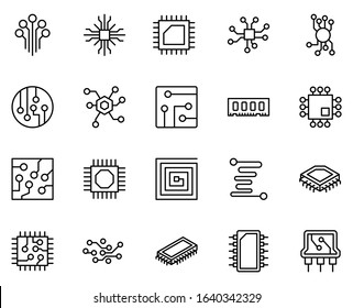 Line chip icon set isolated on white background. Outline electronics symbols for website design, mobile application, ui. Collection of device pictogram. Vector illustration, editable strok. Eps10