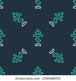 Line Christian cross icon isolated seamless pattern on black background. Church cross.  Vector