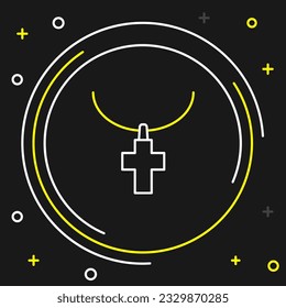 Line Christian cross on chain icon isolated on black background. Church cross. Colorful outline concept. Vector