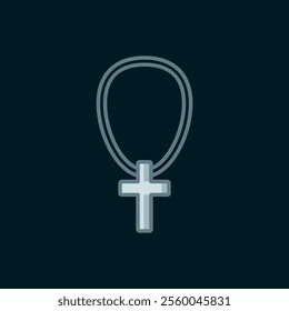 Line Christian cross on chain icon isolated on black background. Church cross. Flat filled outline style with shadow. Vector