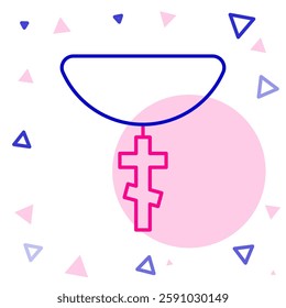 Line Christian cross on chain icon isolated on white background. Church cross. Colorful outline concept. Vector