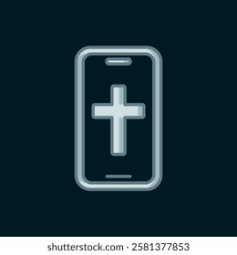 Line Christian cross on mobile phone icon isolated on black background. Church cross. Flat filled outline style with shadow. Vector