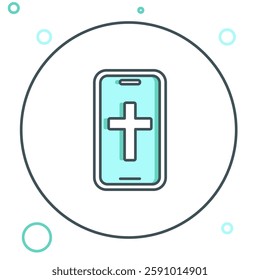 Line Christian cross on mobile phone icon isolated on white background. Church cross. Colorful outline concept. Vector