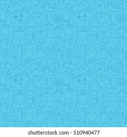 Line Christmas Blue Seamless Pattern. Vector Winter Tile Background in Modern Outline Style. Happy New Year.