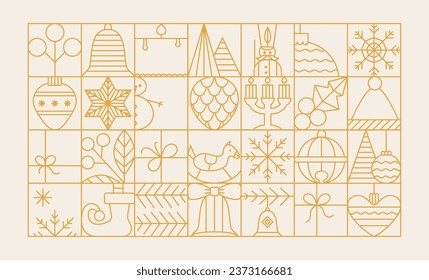 Line Christmas elements grid for banner, card, background. Vector simple outline toy, gift box, spruce.