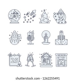 line christmas icons set with santa snowmen wine candle firework fireplace and gifts
