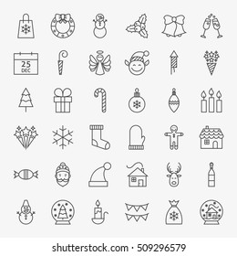 Line Christmas Icons Set. Vector Collection of New Year Winter Holiday Outline Symbols.