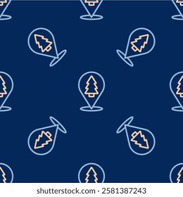Line Christmas tree icon isolated seamless pattern on blue background. Merry Christmas and Happy New Year.  Vector