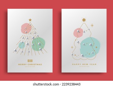 Line christmas tree with silver balls and xmas decoration. Happy new year and Merry Christmas greeting cards. Vector holiday illustrations.