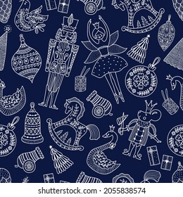 Line Christmas vector seamless Nutcracker pattern.  Seamless pattern can be used for wallpaper, pattern fills, web page background, surface textures.