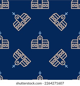 Line Church building icon isolated seamless pattern on blue background. Christian Church. Religion of church.  Vector