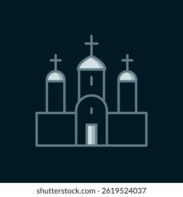 Line Church building icon isolated on black background. Christian Church. Religion of church. Flat filled outline style with shadow. Vector