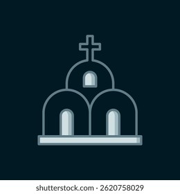 Line Church building icon isolated on black background. Christian Church. Religion of church. Flat filled outline style with shadow. Vector