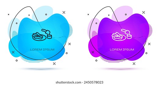 Línea Churros e icono de chocolate aislado sobre fondo blanco. Postre nacional tradicional de España, comida callejera europea. Anuncio Abstractas con Formas líquidas. Vector