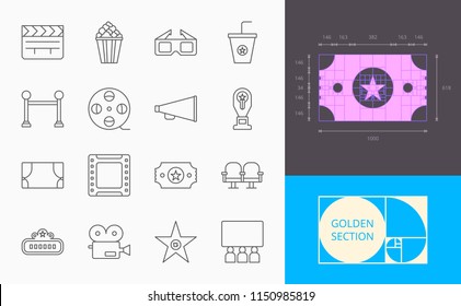 line cinema icons on a white background