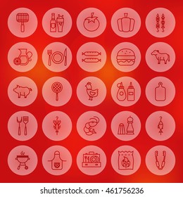 Line Circle Barbecue Icons. Vector Illustration of Outline Grill Items over Red Blurred Background.