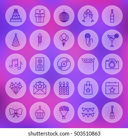 Line Circle Birthday Web Icons. Vector Illustration of Outline Party Symbols over Blurred Background.