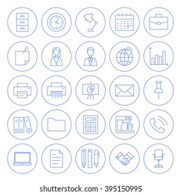 Line Circle Business Office Icons Set. Vector Set of Modern Thin Outline Icons of Working Place and Job Circle Shaped Isolated over White Background.