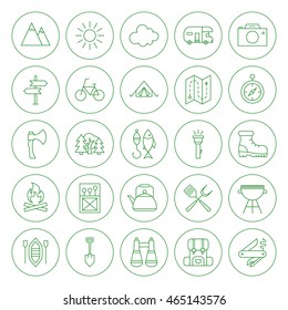 Line Circle Camping Icons Set. Vector Illustration of Outline Summer Adventure Objects.