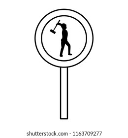 line circle caution emblem and laborer with mallet