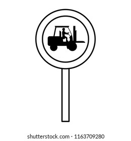 line circle caution emblem and laborer with forklift