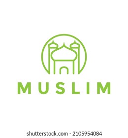 círculo de línea con el vector de diseño del logo verde de la mezquita cúpula