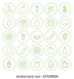 Line Circle Fresh Fruit Vegetable Icons Set. Vector Set of Modern Thin Outline Icons of Healthy Vegan Food Circle Shaped Isolated over White Background.
