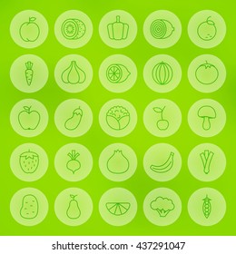 Line Circle Fruits and Vegetables Icons Set. Vector Collection of Modern Thin Outline Icons of Fresh Healthy Food Circle Shaped over Blurred Background.