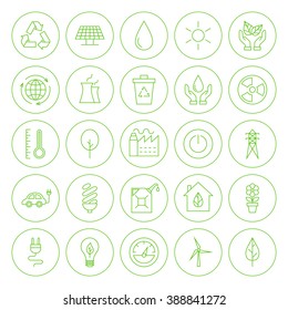 Line Circle Go Green Environment Icons. Vector Set of Modern Eco Friendly Thin Line Icons of Ecology Circle Shaped Isolated over White Background.
