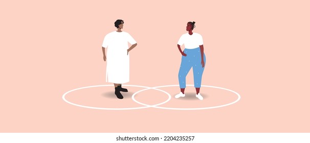 Line Circle As Healthy Personal Boundaries In LGBTQ Couple, Flat Vector Stock Illustration, Women Plus Size Isolated