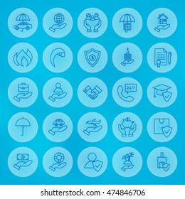 Line Circle Insurance Symbols Set. Vector Collection of Thin Outline Business Services Icons over Blue Blurred Background.