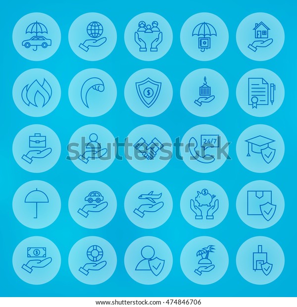 Line Circle Insurance Symbols Set. Vector\
Collection of Thin Outline Business Services Icons over Blue\
Blurred Background.