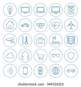 Line Circle Internet of Things Icons Set. Vector Set of Modern Technology Thin Line Icons for Web and Mobile Circle Shaped Isolated over White Background.