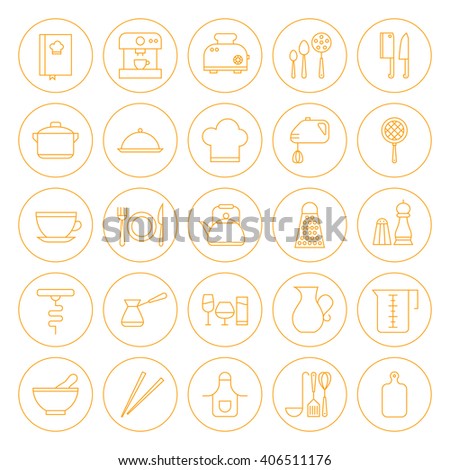 Line Circle Kitchenware and Cooking Icons Set. Vector Set of Modern Thin Outline Icons of Kitchen Utensil Circle Shaped Isolated over White Background.