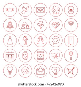Line Circle Love Heart Icons Set. Vector Illustration of Outline Wedding Engagement Objects.
