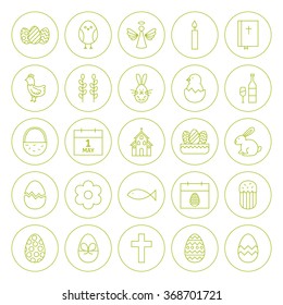 Line Circle Orthodox Easter Icons Set. Vector Set of Modern Spring Holiday Thin Outline Icons for Web and Mobile Isolated over White Background.