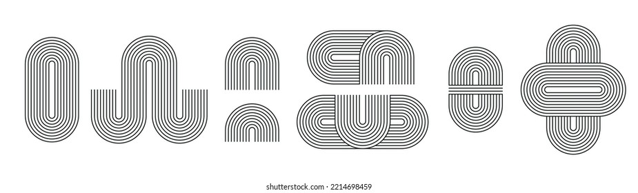 Line circle and semicircle geometric elements. Isolated abstract contemporary arc and semiarc. Simple decorative bauhaus style vector collection